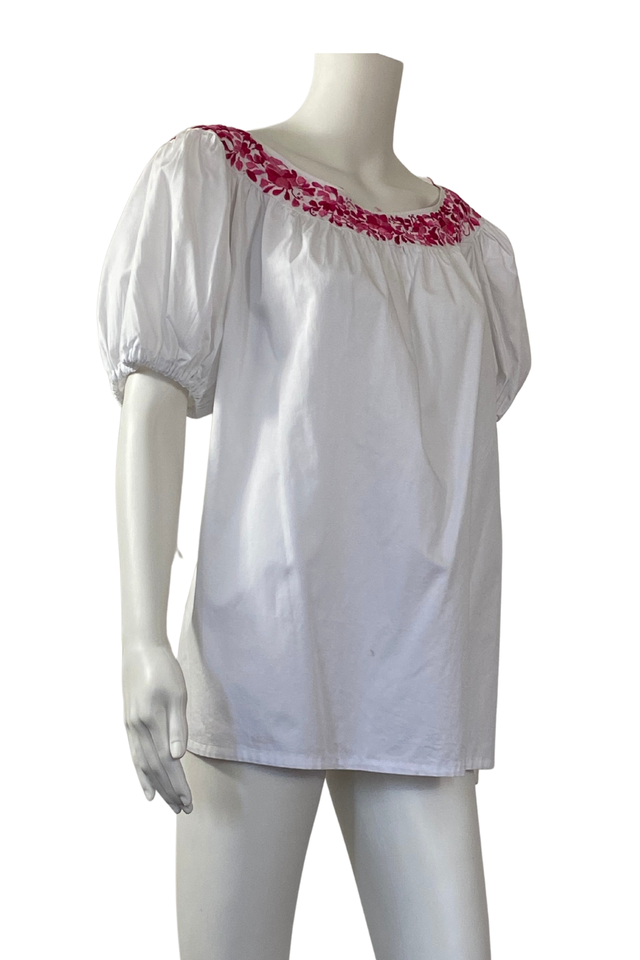 Scooped neck white blouse with variegated pink embroidery